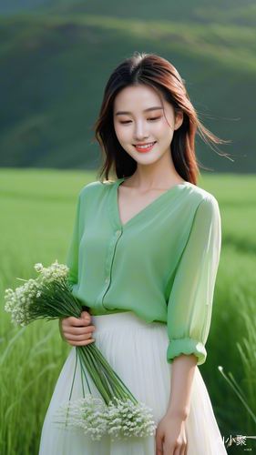 A Chinese girl wearing a light green shirt and a white skirt stands on a green meadow, holding flowers in her hand. She has her eyes closed and is smiling. Her features are delicate, her complexion fair, and her movements graceful. The sunlight is soft, the background is light green, with a minimalist, realistic style, and in ultra-high definition.