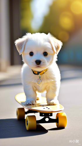 3D ancient style, a cute little milk-spotted puppy, standing on a skateboard and smiling. Its eyes are golden yellow, and its furry body looks especially adorable against the blurred background. Modern style, surrealistic photography.