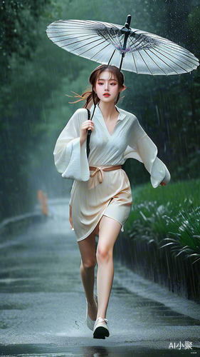 在雨中奔跑的全身女孩