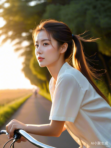 女孩骑自行车在日落小路上马尾辫飘扬