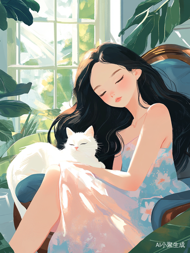 可爱卡通女孩与白猫的极简插图风格