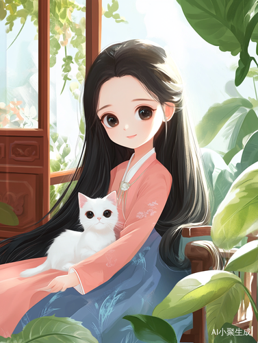 可爱卡通女孩与白猫的极简插图风格