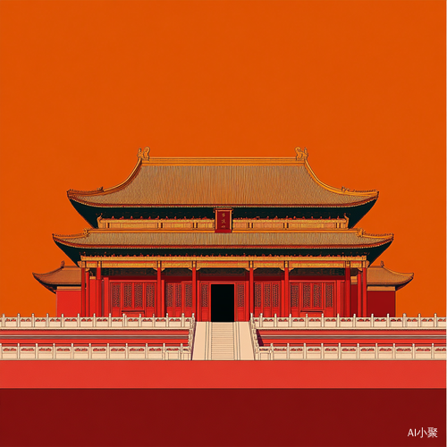 Ancient Chinese Architecture Poster in Red and Gold Tones