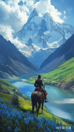 雪山与青山的牧马人骑行风景