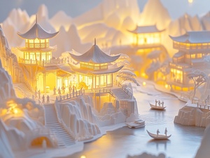 A 3D paper model of the Song Dynasty, featuring towering white mountains and cascading waterfalls, with small boats on rivers and people walking along paths. The background showcases a Chinese landscape painting with golden trees at dusk. Designed in a paper-cut style with colorful and detailed depictions of characters, vibrant colors, and lighteffects. Incorporating bright golden light lines and macro photography, the scene presents a grand and majestic Chinese landscape, where water and sky blend seamless