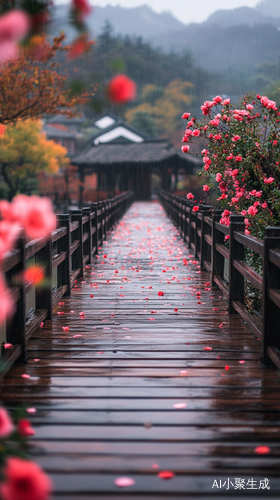 秋天黄昏雨天的梦幻摄影小桥与村庄景色