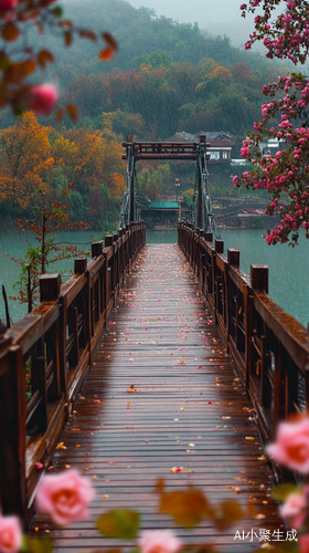秋天黄昏雨天的梦幻摄影小桥与村庄景色
