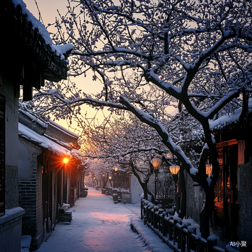 江南小巷傍晚雪后夕阳梅花摄影