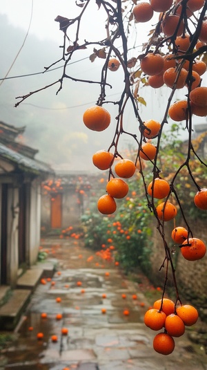 深秋，老家的院子里，天气阴暗，院子里的柿子熟了，真实，超高清画质