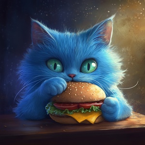 蓝色猫咪享受汉堡美食