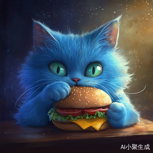 蓝色猫咪享受汉堡美食
