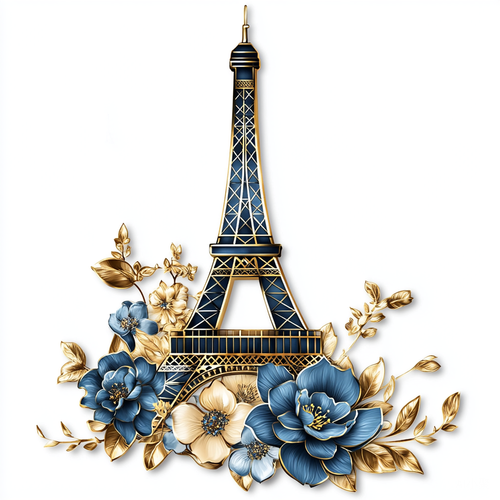 Three-dimensional creative refrigerator sticker, super delicate, metal material, made of gold and blue, gold line, delicate design, with the Eiffel Tower as the main body, surrounded by flowers, showing a light gold, meticulous, the composition is fresh and energetic. Overall style soft atmosphere, beautiful, advanced