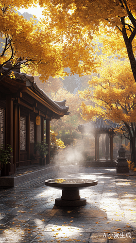 深秋茶楼银杏美景中的光影交织