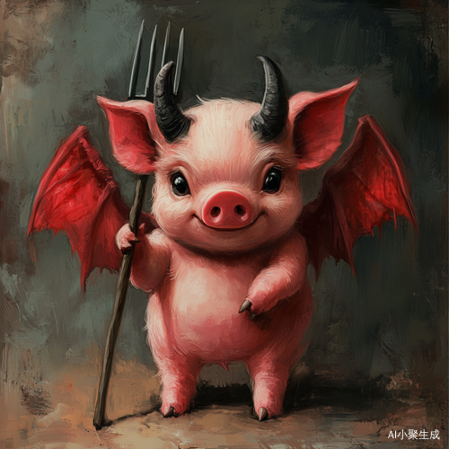 可爱魔鬼猪带恶魔翅膀和恶魔叉子