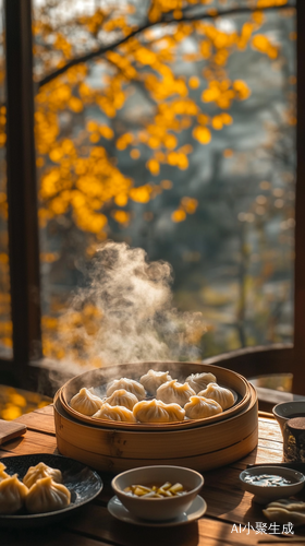 立冬时节的温暖饺子与枯黄树木