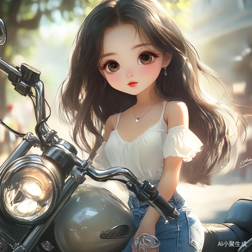 中国女孩大眼长发白衣牛仔裤骑大摩托