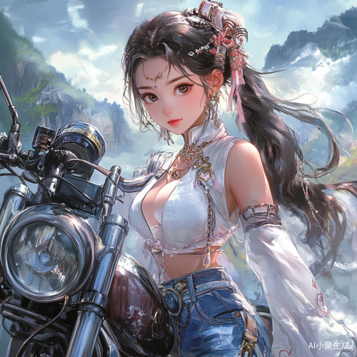中国女孩大眼长发白衣牛仔裤骑大摩托