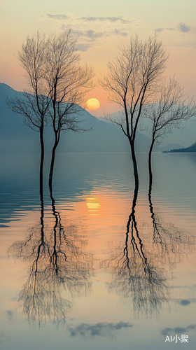 水面反射下的夕阳湖畔艺术摄影