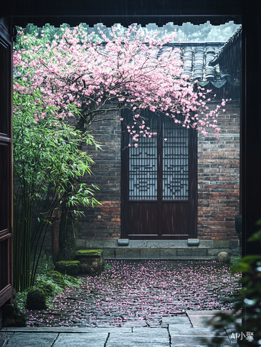 苏州园林小院的细雨与盛开的海棠树