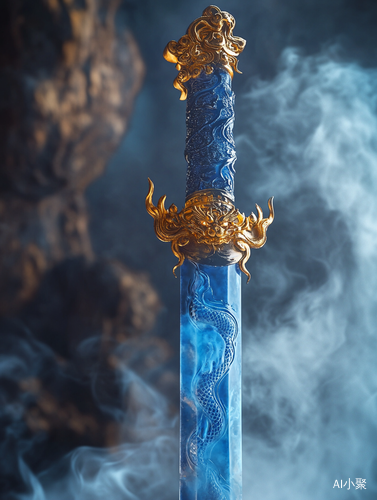 An antique blue sword decorated with gold, with vague and dreamy atmosphere, China watercolor, luminous 3d object, made of mist, dragon core, high resolution, sculpture.