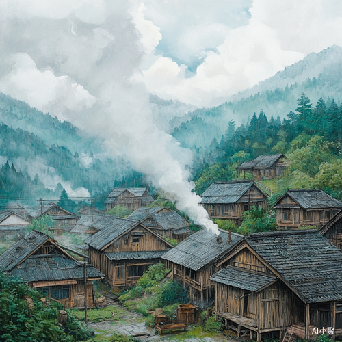 乡村，阴雨天，一排排木屋，崔烟袅袅，天空细雨濛濛周围青山叠峦