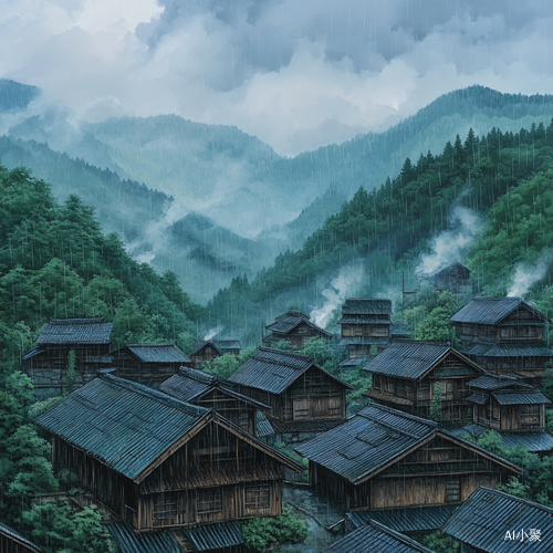 乡村，阴雨天，一排排木屋，崔烟袅袅，天空细雨濛濛周围青山叠峦