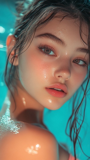 美丽小姑娘大眼睛高鼻梁粉红色嘴唇半身泳装照