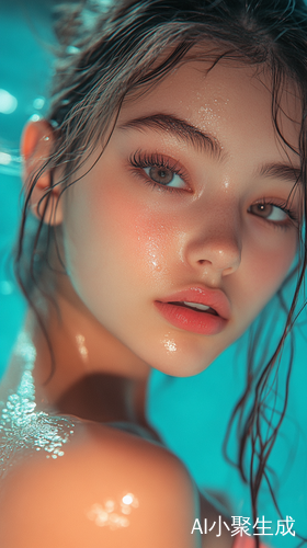 美丽小姑娘大眼睛高鼻梁粉红色嘴唇半身泳装照