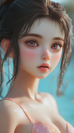 美丽小姑娘大眼睛高鼻梁粉红色嘴唇半身泳装照