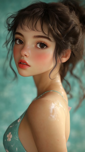 美丽小姑娘大眼睛高鼻梁粉红色嘴唇半身泳装照