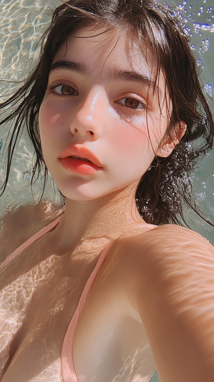 美丽小姑娘大眼睛高鼻梁粉红色嘴唇半身泳装照