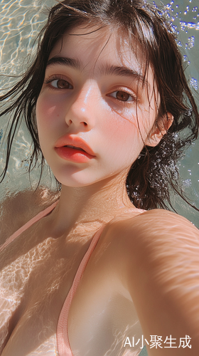 美丽小姑娘大眼睛高鼻梁粉红色嘴唇半身泳装照