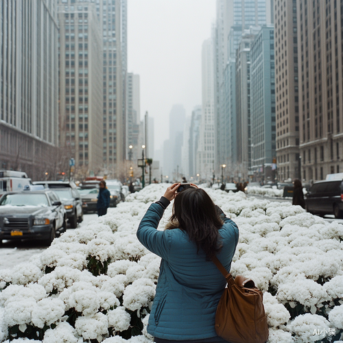 城市雪景中的女性摄影师与寒冷乌云