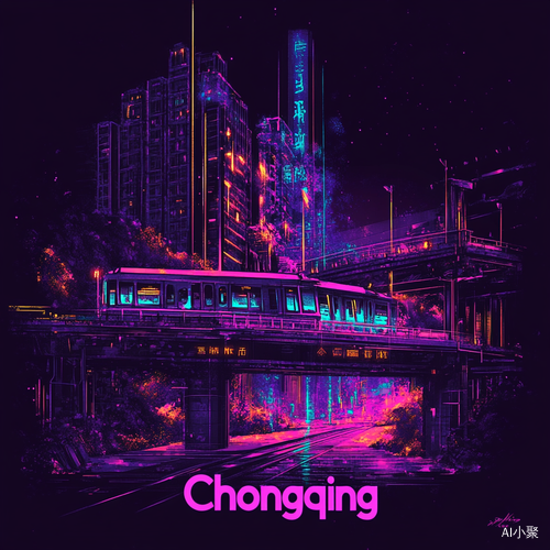 解放碑碑体刻有“Chongqing”字样的纹路，赛博朋克风，霓虹色彩，暗紫色背景，荧光笔触