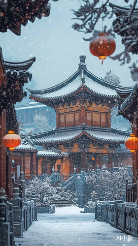 古建筑 下雪 过年的氛围浓厚