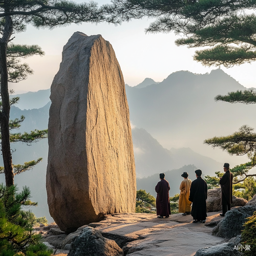 黄山飞来石，巍峨耸立于云海之上，壮丽的山峰环绕，苍翠的松树点缀四周，晨曦透过云雾洒下金色光芒，石头表面斑驳陆离，仿佛蕴藏着千年传说，远处游人穿着传统服饰，驻足欣赏，画面静谧而神秘。