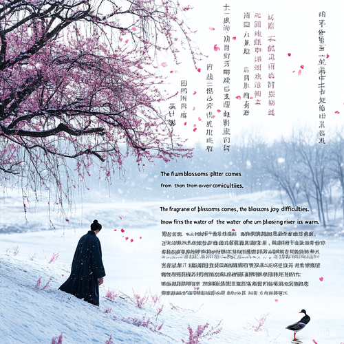 诗文《梅花》：陆游梅花"梅花香自苦寒来，知难乐自难中来。竹外桃花三两枝，春江水暖鸭先知。"视频构思：1. 开篇：雪中梅花画面：冰雪覆盖的山丘，几株梅树傲然挺立，周围白雪皑皑。镜头从雪地缓缓推进，梅花的蕊从枝头探出，散发淡淡的香气。旁白：“梅花香自苦寒来……”音乐：低沉的古琴曲，配合雪景，渲染一种孤独与坚韧的氛围。2. 镜头切换：梅树下的孤影画面：一位穿着古风长袍的书生，站在梅树下，微风拂过，他的脸上带着一丝坚定与淡然。画面中有梅花落瓣缓缓飘下，书生缓步走过。旁白：“知难乐自难中来。”音乐：古筝和笛子轻柔奏响，带有一丝悠远的意味。3. 镜头转到春江画面：春江水流缓缓，鸭群在水中嬉戏，远处有桃花点缀在绿色的竹林边，春意盎然。旁白：“竹外桃花三两枝，春江水暖鸭先知。”音乐：明快的古典乐曲，带有春天的生气与活力。4. 结尾：梅花重现画面：回到梅花的特写，梅花依旧在寒风中顽强开放，雪花轻轻飘落，象征着无论寒冷多么严酷，梅花依然坚韧不拔。旁白：最后一句诗重复：“梅花香自苦寒来。”整体氛围：画面色调：以冷色为主，辅以梅花的淡红色调。配乐：悠扬的古风乐器交织，展现诗中梅花的孤高与坚韧，同时也带出春天温暖复苏的