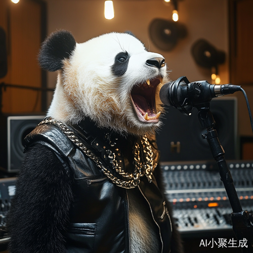 熊猫穿皮衣在录音棚唱歌