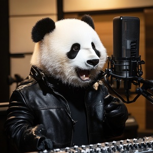 熊猫穿皮衣在录音棚唱歌