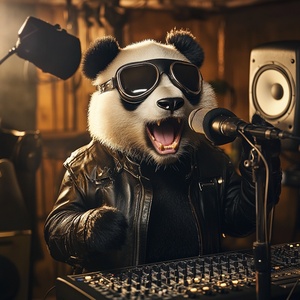 熊猫穿皮衣在录音棚唱歌