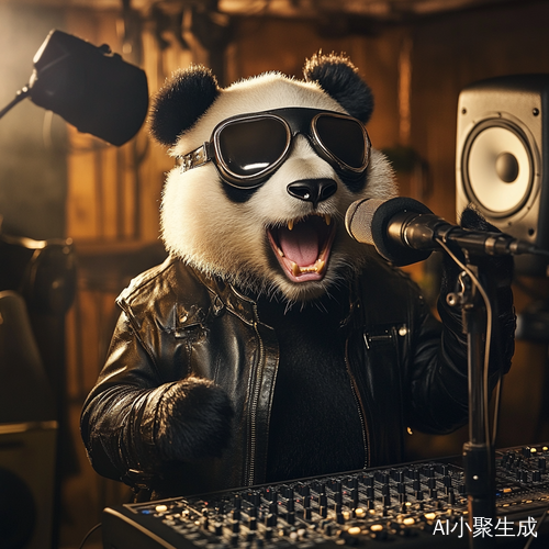 熊猫穿皮衣在录音棚唱歌