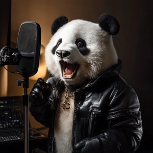 熊猫穿皮衣在录音棚唱歌