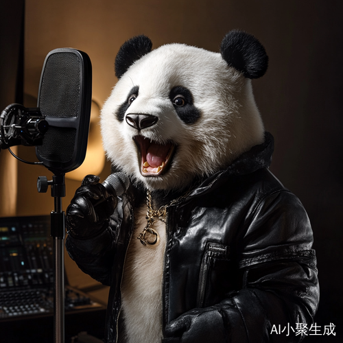 熊猫穿皮衣在录音棚唱歌