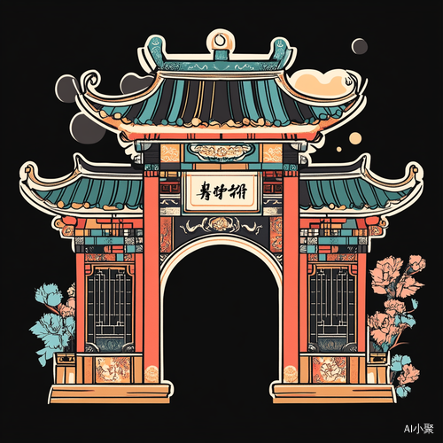 Suzhou Oriental Gate, with stickers printed with the words Suzhou, traditional animation, macaroon color, black background and white line style.