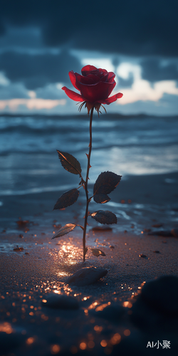 A rose flower is planted on the beach at night, the beach is black, perspective view. ar 9:16