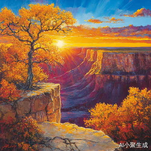 秋天峡谷中的落日余晖