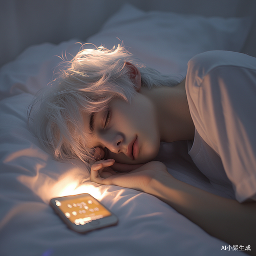 黄昏柔和光线下的银白发少年与手机的宁静瞬间
