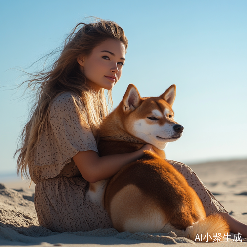 女孩沙滩穿裙抱柴犬背影蓝天阳光明媚