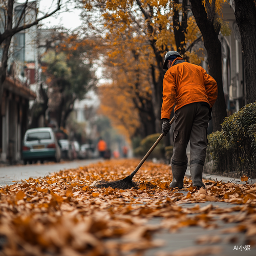 一名环卫工人在扫落叶