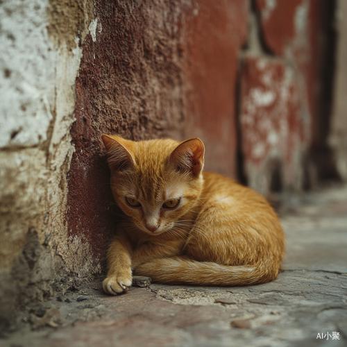 墙角边有一只伤心的小猫